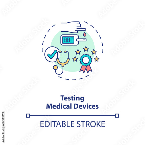 Testing medical devices concept icon. Clinical trials type idea thin line illustration. Functional safety. New medical product development. Vector isolated outline RGB color drawing. Editable stroke