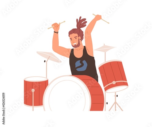 Young drummer playing drums with passion and expression. Excited musician performing rock music. Modern drumer with drumsticks. Colored flat vector illustration isolated on white background