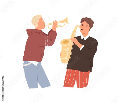 Two musicians playing saxophone and trumpet. Music players performing jazz with brass woodwind instruments. Flat vector illustration of people with sax and saxhorn isolated on white background