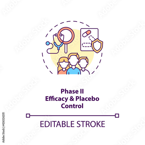 Efficacy and placebo control concept icon. Clinical trials phase 2 idea thin line illustration. Dosing requirements evaluation. Vector isolated outline RGB color drawing. Editable stroke