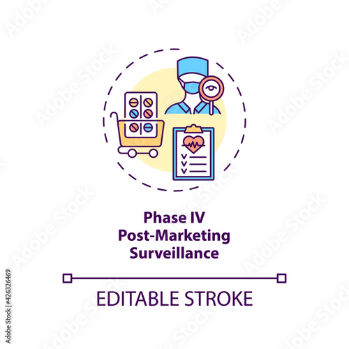 Post-marketing surveillance concept icon. Trials phase 4 idea thin line illustration. Medicine distribution. Adverse effects detection. Vector isolated outline RGB color drawing. Editable stroke