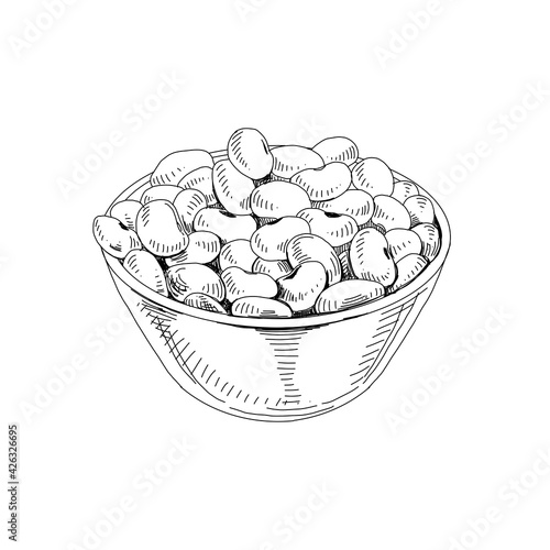 Bowl full of soy beans, retro hand drawn vector illustration.