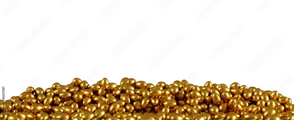 Obraz premium Golden Eggs overlap celebration for Easter day event on white background for copy space. 3D Render. Minimal idea concept.