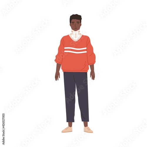Young sad person wearing cervical collar to support his injured broken neck after fracture or injury in accident. Colored flat vector illustration of disabled man during recovery isolated on white