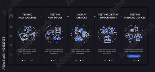 Research kinds onboarding vector template. Responsive mobile website with icons. Web page walkthrough 5 step screens. Dietary choices, drugs testing night mode concept with linear illustrations
