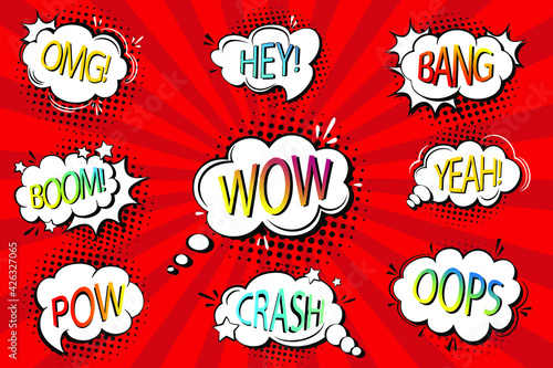 Comic Bubbles Set. Expressions Boom,  Pow, Oops, Wow, Omg, Crash, Yeah. POP ART Background