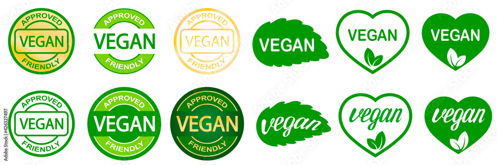 Set of vegan stamps. Plant based vegeterian food product label. Green round and heart-shaped stamp. Logo or icon. Set of vegan stamps. Plant based vegeterian food product label. Green round and heart-shaped stamp. Logo or icon.