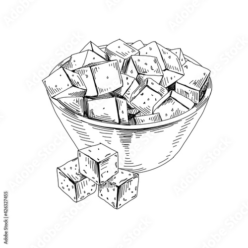Bowl full of tofu cheese cubes, retro hand drawn vector illustration.