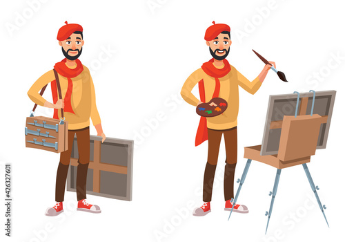 Artist in different poses. Male person in cartoon style.