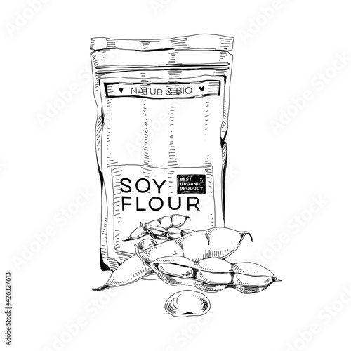 Soy flour package and soybean pods, retro hand drawn vector illustration.