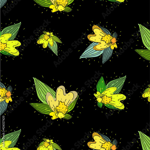 seamless pattern with yellow flowers on a black background. SMYK colors. Perfect for printing on clothing fabrics