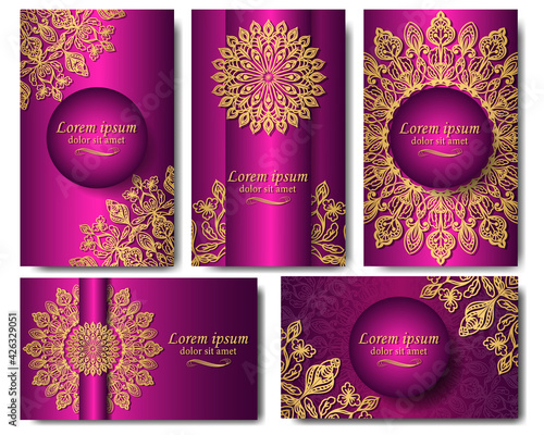 Golden mandala on a purple background.  Set of five luxurious backgrounds with gold ethnic ornaments. Oriental pattern in the design of postcards, covers, labels, packaging, business cards. 