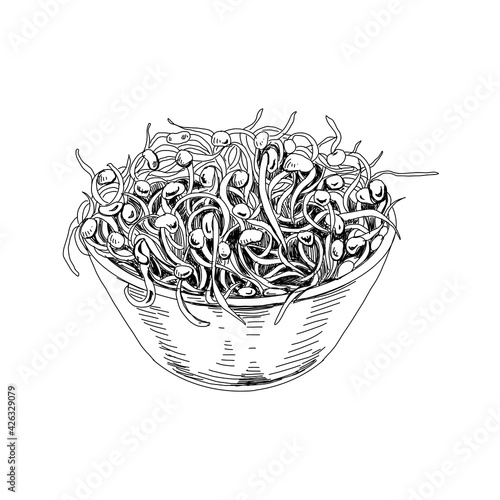 Bowl full of soybean sprouts, retro hand drawn vector illustration.