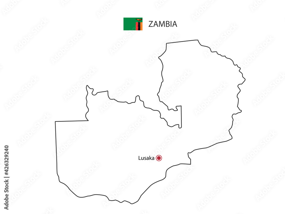 Fototapeta premium Hand draw thin black line vector of Zambia Map with capital city Lusaka on white background.