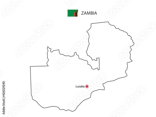 Hand draw thin black line vector of Zambia Map with capital city Lusaka on white background.