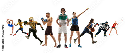 Collage of different professional sportsmen  fit people in action and motion isolated on white background. Flyer.