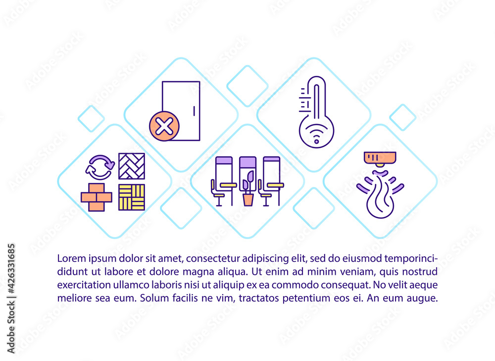 Comfortable office environment concept line icons with text. PPT page vector template with copy space. Brochure, magazine, newsletter design element. Workplace wellbeing linear illustrations on white Comfortable office environment concept line icons with text. PPT page vector template with copy space. Brochure, magazine, newsletter design element. Workplace wellbeing linear illustrations on white