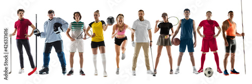 Collage of different professional sportsmen, fit people in action and motion isolated on white background. Flyer. © master1305
