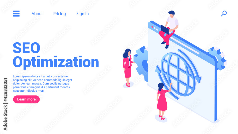 Search engine optimization concept. Group of people in front of web page with internet icon. Web banner or landing page template. Flat isometric vector illustration isolated on white background. Search engine optimization concept. Group of people in front of web page with internet icon. Web banner or landing page template. Flat isometric vector illustration isolated on white background.