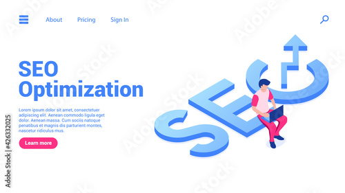 Search engine optimization concept. Man with laptop sits on big letters SEO.Web banner or landing page template. Flat isometric vector illustration isolated on white background.