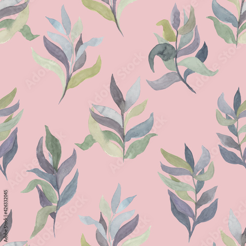 watercolor twigs with leaves of different colors on a colored background vector seamless pattern