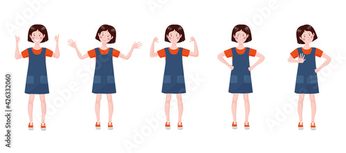 Teenage girl set with a different emotions and poses. Illustration in hand drawn style isolated on a white background. 