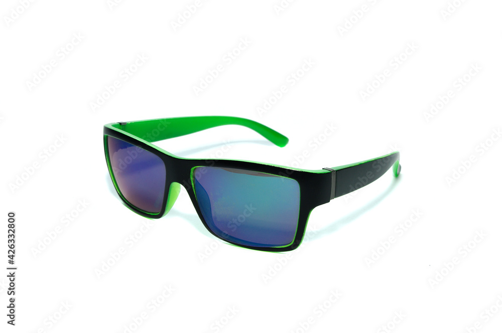 black and green square sunglasses on a white background black and green square sunglasses on a white background
