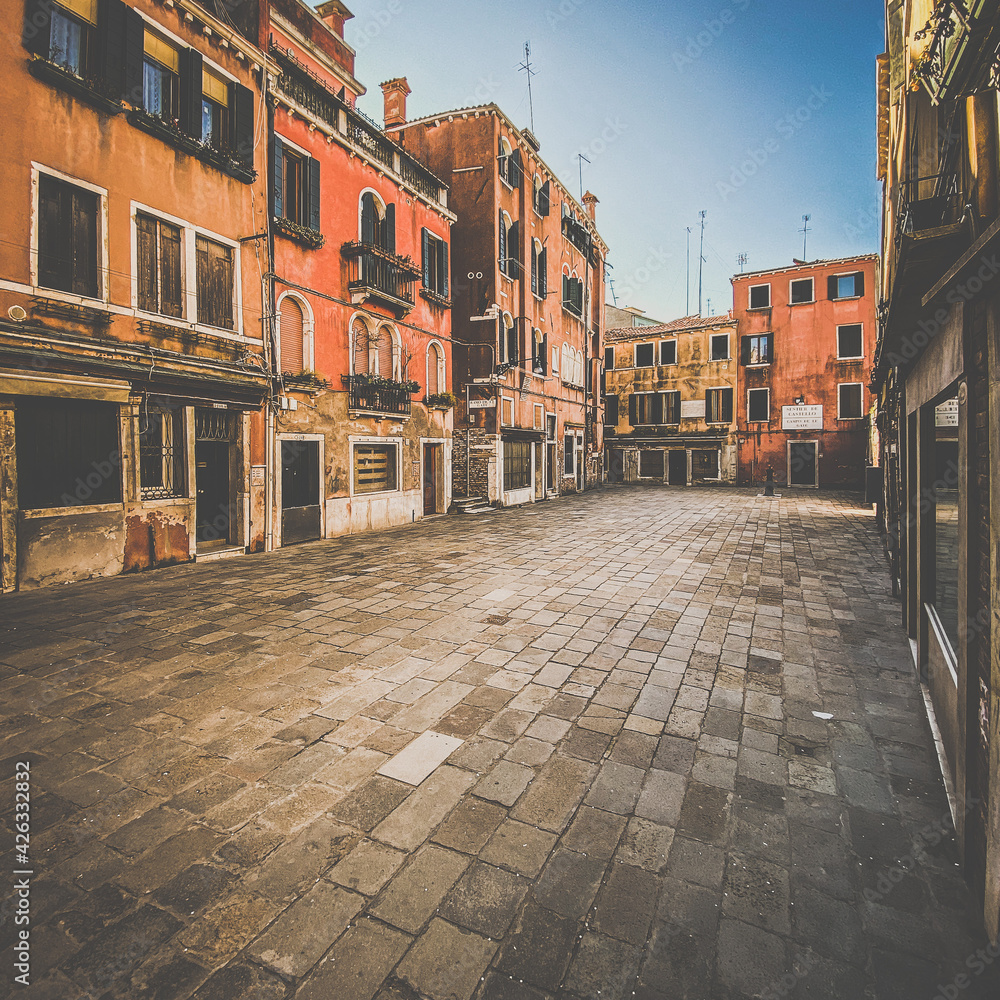 Venice, Italy, February 13, 2021 - Small square in Venice without any people during crisis COVID-19, Italy