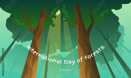 International Day of Forests illustration with a bottom view on tree crowns. Deforestation as an actual environmental issue. Raising awareness of the importance of forests for future generations