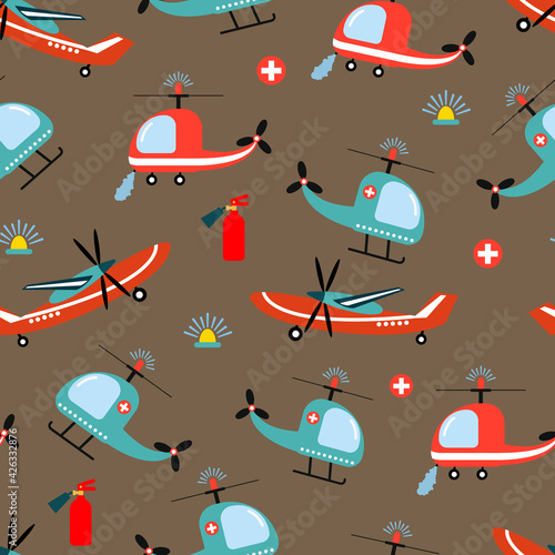 Seamless pattern with rescue helicopters and airplanes. Hand-drawn style. Design for fabrics, textiles, wallpaper, packaging, for decorating a children's room.
