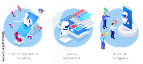 Isometric Artificial Intelligence, Science teacher bot, Chatbot and future marketing. AI and business IOT concept.
