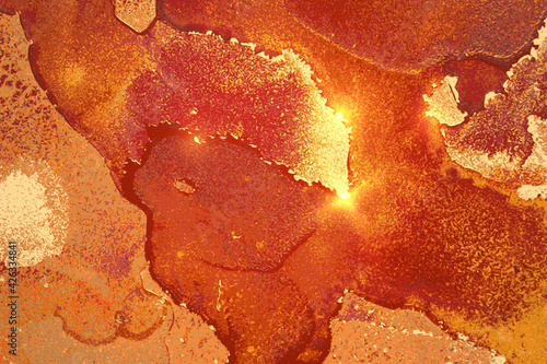Orange and gold abstract alcohol ink marble texture. Vector shining background with natural pattern and glitter. Template for banner, poster design. Fluid art painting
