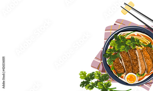 Tonkatsu Noodles. Noodles with fried chicken and egg. A bowl of Japanese ramen on plate mat and chopsticks. Realistic vector illustration on white background. 