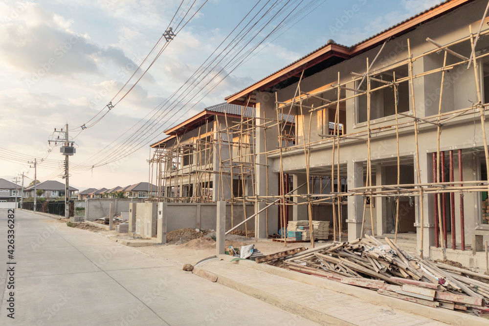 construction residential new house in progress at building site construction residential new house in progress at building site