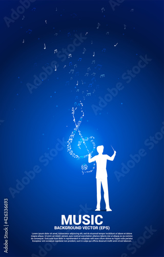 vector conductor and music melody note dancing flow . Concept background for song and concert theme.