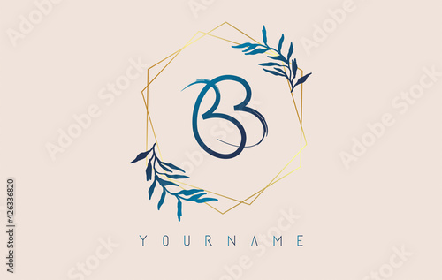 Letters BB b Logo with golden polygon frames and gradient blue leaves design.