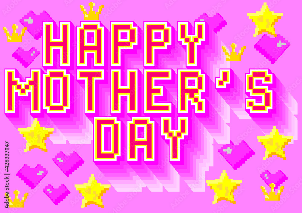 Happy Mother's Day lettering. Pixel art calligraphy lettering. Retro video game style poster for your social media, cards, product, shop, tags. Vector stock illustration.