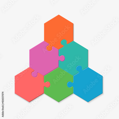 Six pieces of a hexagon puzzle. Hexagonal mosaic infographics.
