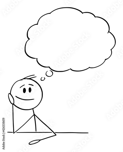 Man or Businessman Thinking with Empty Thought Bubble, Vector Cartoon Stick Figure Illustration
