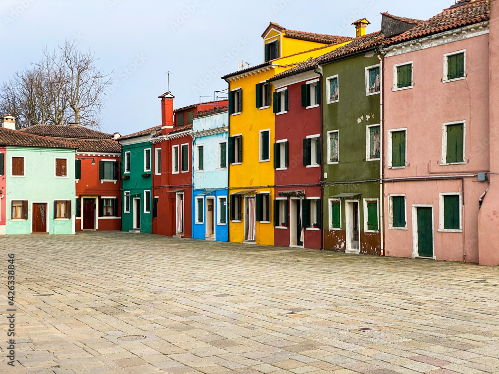 Typical and very colorful streets of Burano, Venice, Italy