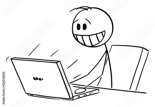 Happy Smiling Man or Businessman Working on Computer in Office, Vector Cartoon Stick Figure Illustration