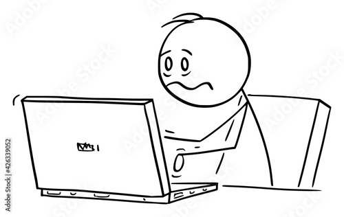 Stressed or Tired Office Worker, Man or Businessman Working on Computer, Vector Cartoon Stick Figure Illustration