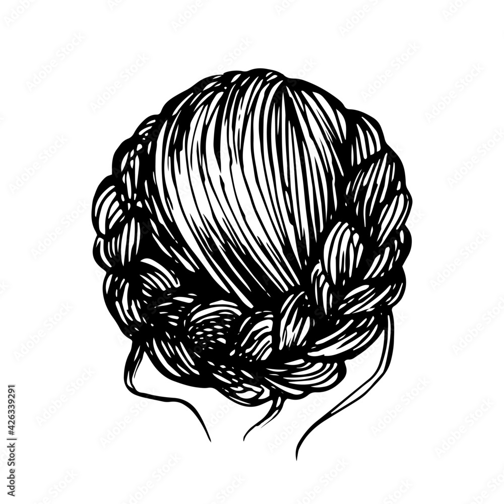 Beautiful hairstyle with hair in form spit. Romantic vector hairstyle logo icon isolated on white. Fashion braid girl illustration. - obrazy, fototapety, plakaty 