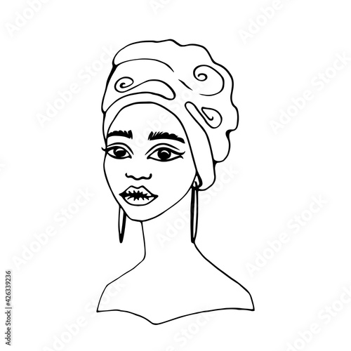 Fashion portrait young African woman in traditional turban. Monochrome linear drawing. Vector illustration isolated on white background. Print, poster, t-shirt, card.