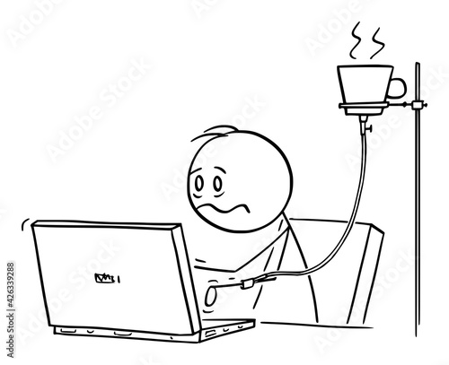 Overworked or Tired Office Worker, Man or Businessman Working on Computer With Coffee Infusion, Vector Cartoon Stick Figure Illustration