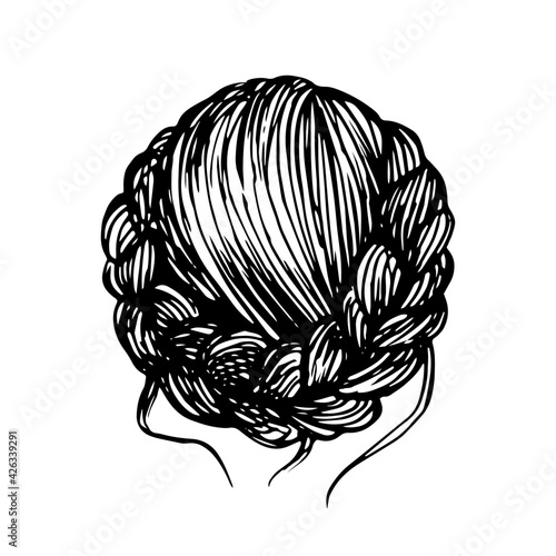 Beautiful hairstyle with hair in form spit. Romantic vector hairstyle logo icon isolated on white. Fashion braid girl illustration.