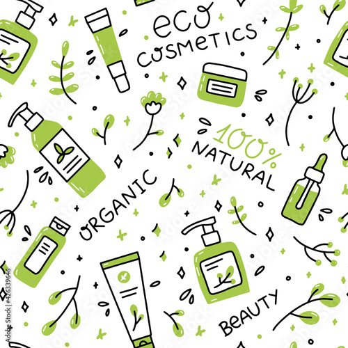 Vector seamless pattern of natural organic cosmetics