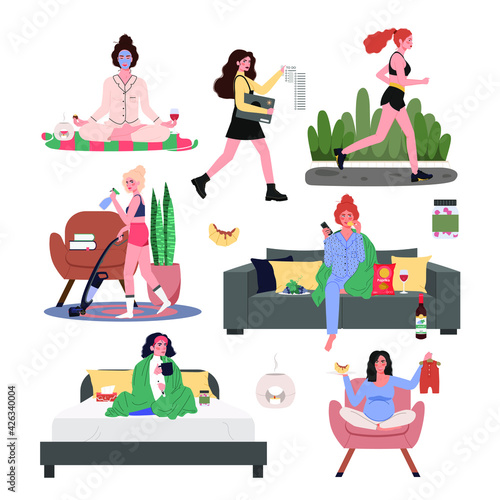 Women clean, get sick, play sports, meditate, watch movies, eat, rest, work, pregnant