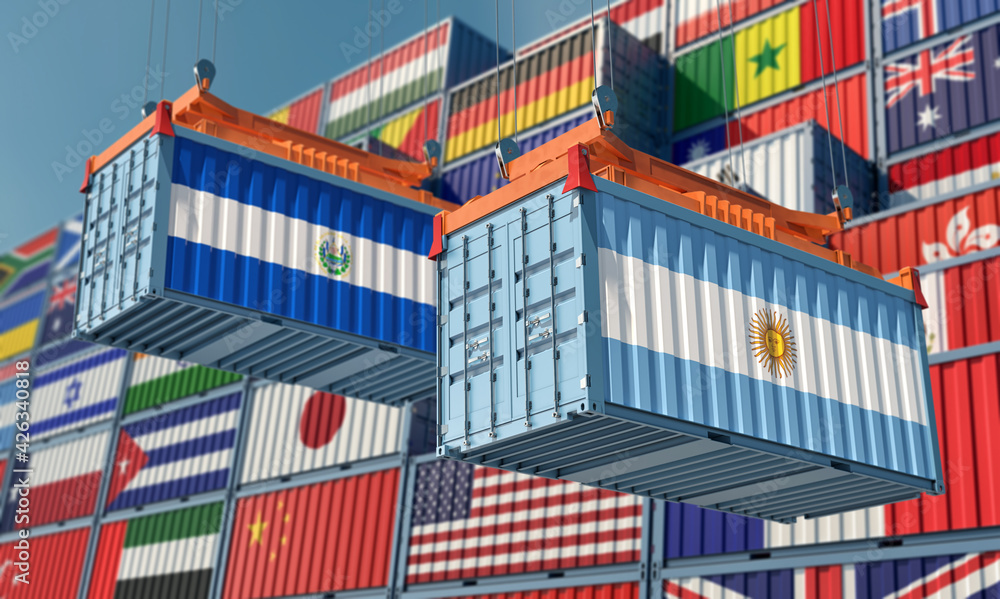Freight containers with Argentina and El Salvador national flags. 3D Rendering 