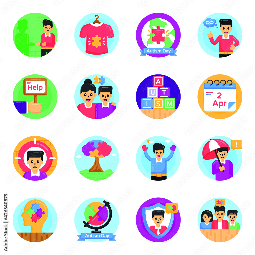 Fototapeta premium Flat Round Icons of Autism Spectrum Disorder